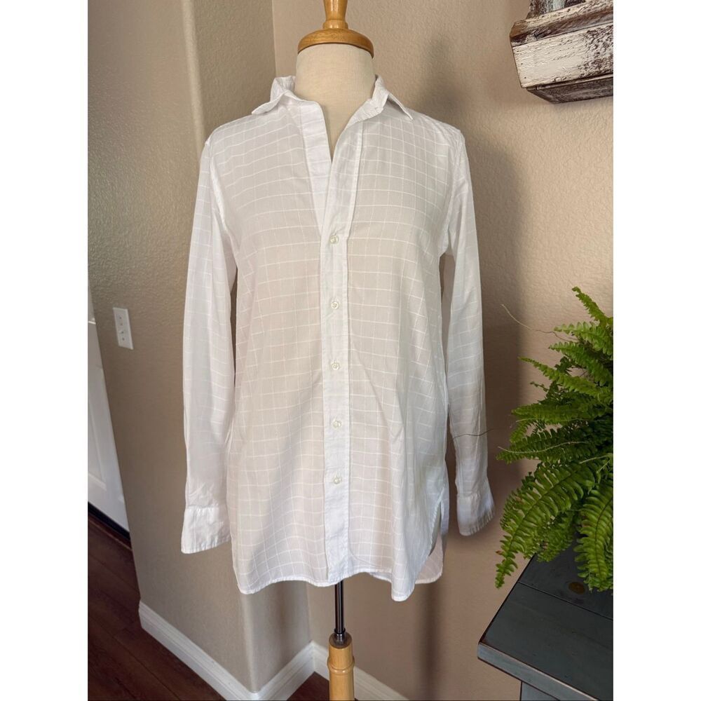 Frank & Eileen Womens Jacquard Grid Hi-low Button-up Grayson Shirt White Small